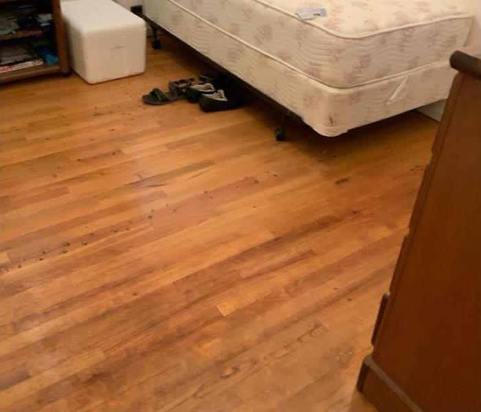 Bed with mattresses exposed on wood floor