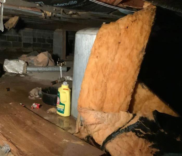 Wet crawl space with insulation and ceiling damage