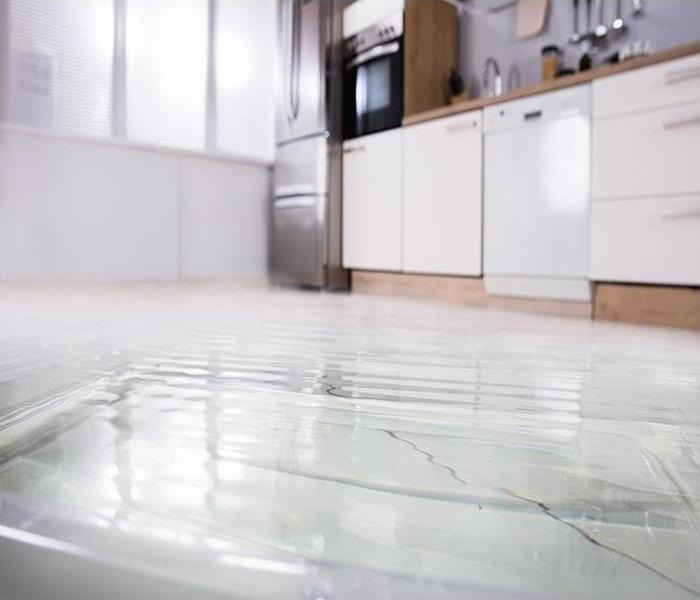 A kitchen with standing water on the floor. 
